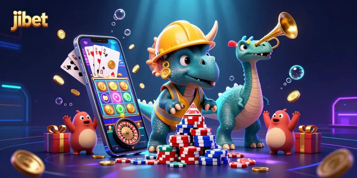 Experience jibet's exhilarating casino atmosphere with a triceratops building a poker chip pyramid while celebrating!