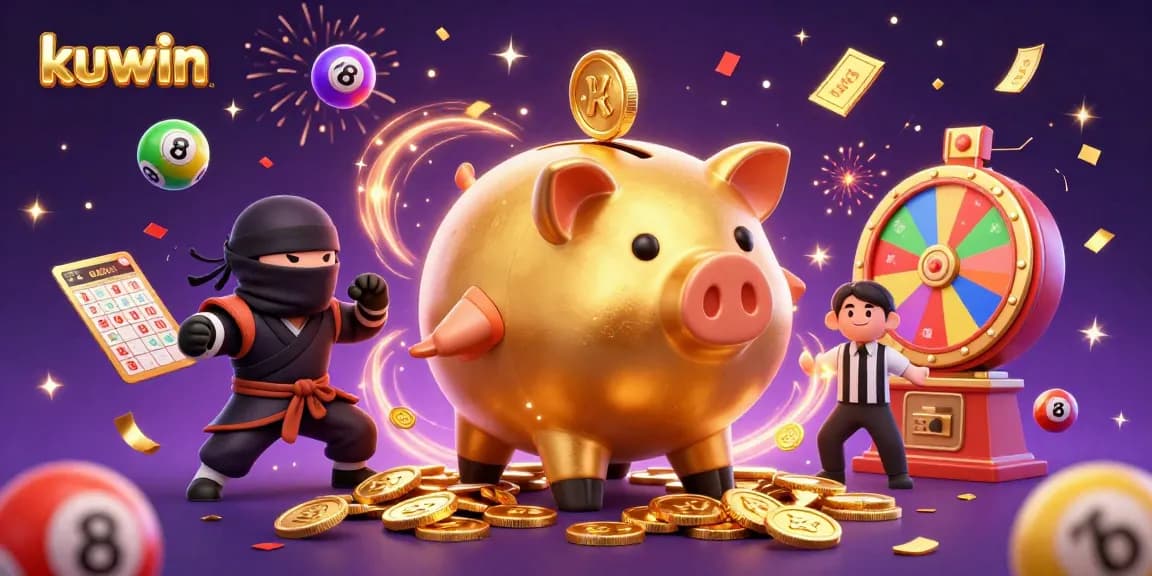 Kuwin's dynamic gambling scene showcases a golden piggy bank sumo wrestler among vibrant lottery elements and confetti.