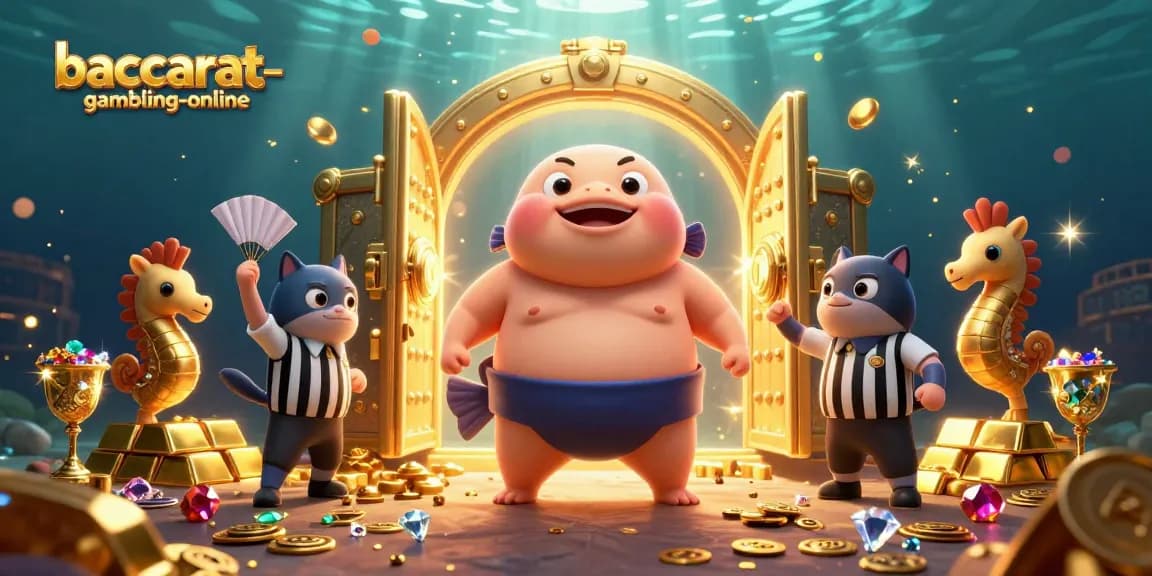 Baccarat-gambling-online features a lively underwater casino scene with a fugu and catfish overseeing vibrant gaming action.