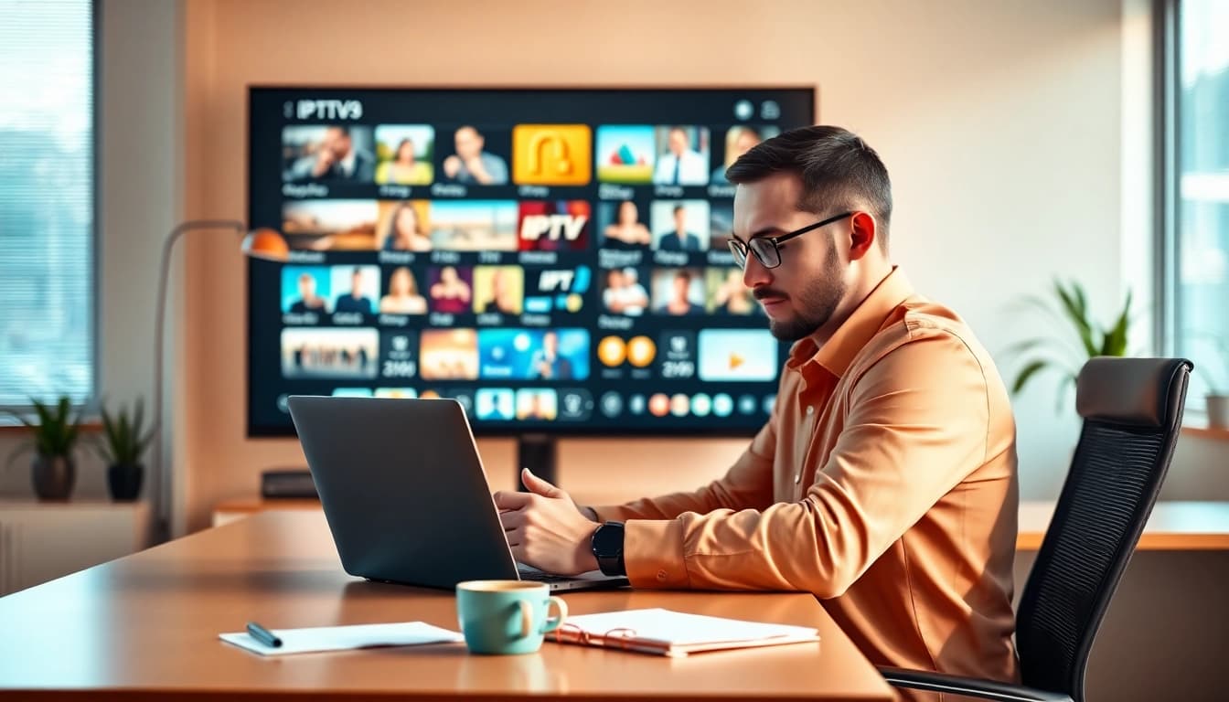 Engaged marketer reviewing IPTV options during a free iptv trial in a bright office.