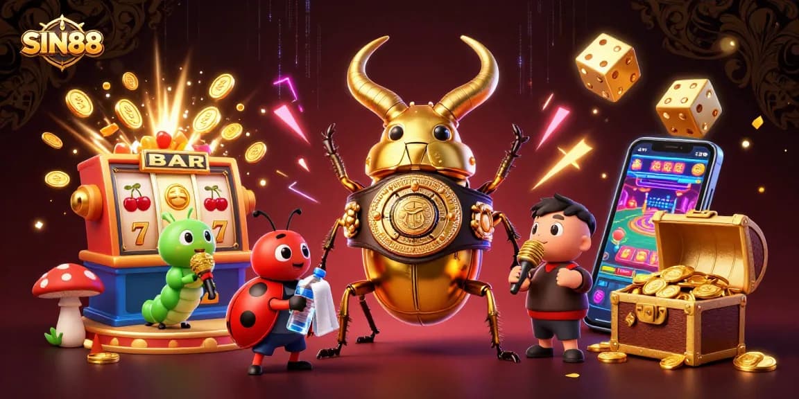 SIN88 illustrates an epic casino battle with a 3D cartoon stag beetle and a jackpot explosion showcasing vibrant gameplay.