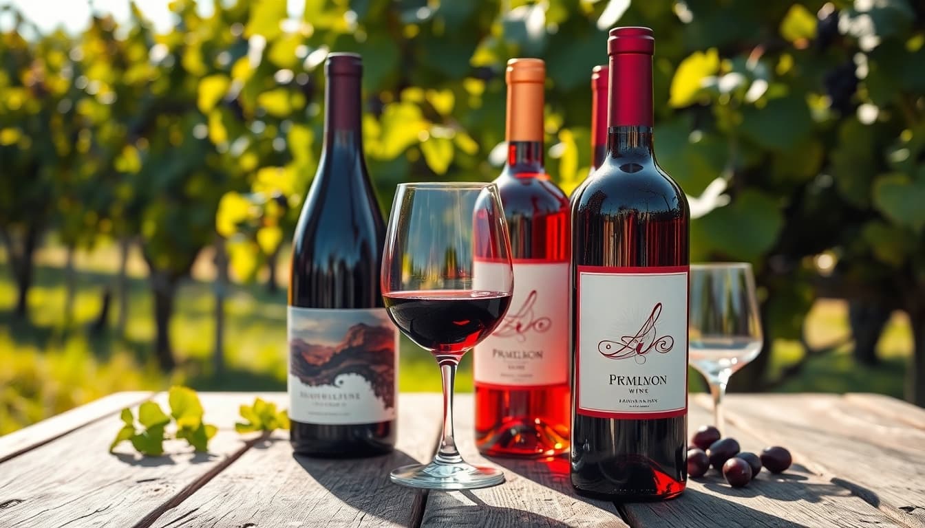 Buy silt wine online with elegantly arranged wine bottles and glasses in a vineyard.