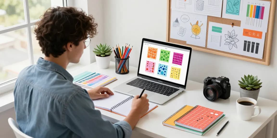 Designing custom printed notebooks at a vibrant workspace with stationery and prototypes.
