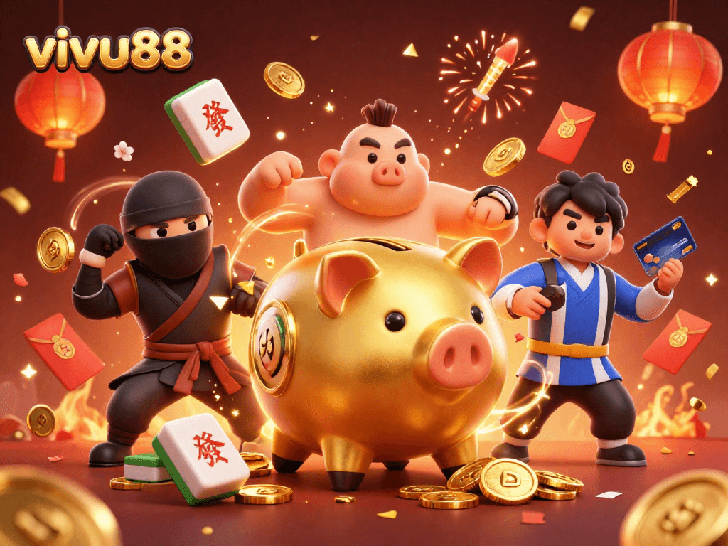 Experience the thrill of vivu88 with a lively scene featuring a golden sumo wrestler and dynamic elements of gambling.