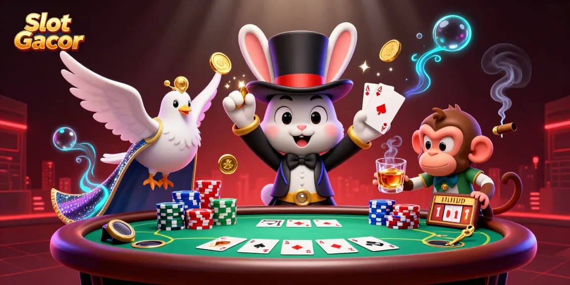 Permainan Slot Gacor dengan karakter magician, burung merpati, dan monyet yang mencuri chip di meja poker.