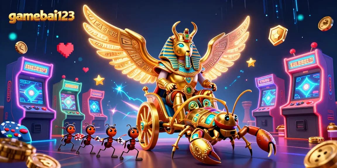 Experience gamebai123 with powerful characters and vibrant casino elements in a lively scene.