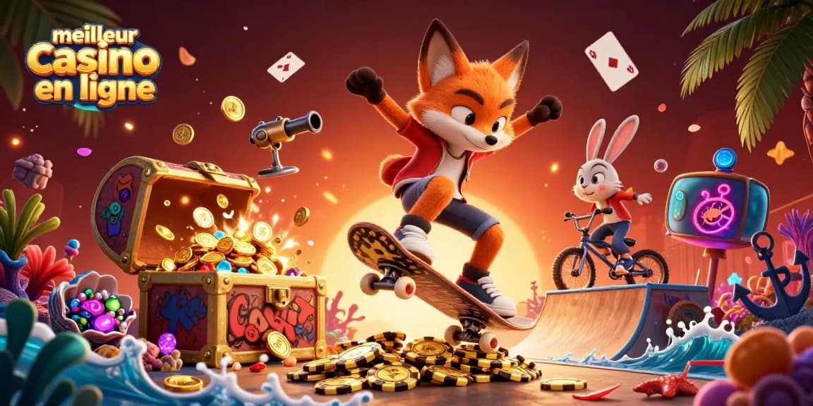 Explorez le meilleur casino en ligne avec nos personnages animés dans un environnement vibrant et ludique.