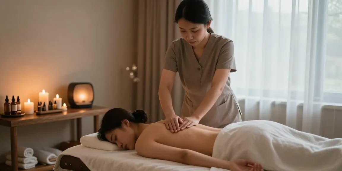 마사지 테라피의 편안한 순간, 아로마와 조명이 가득한 공간에서 진행 중인 마사지.