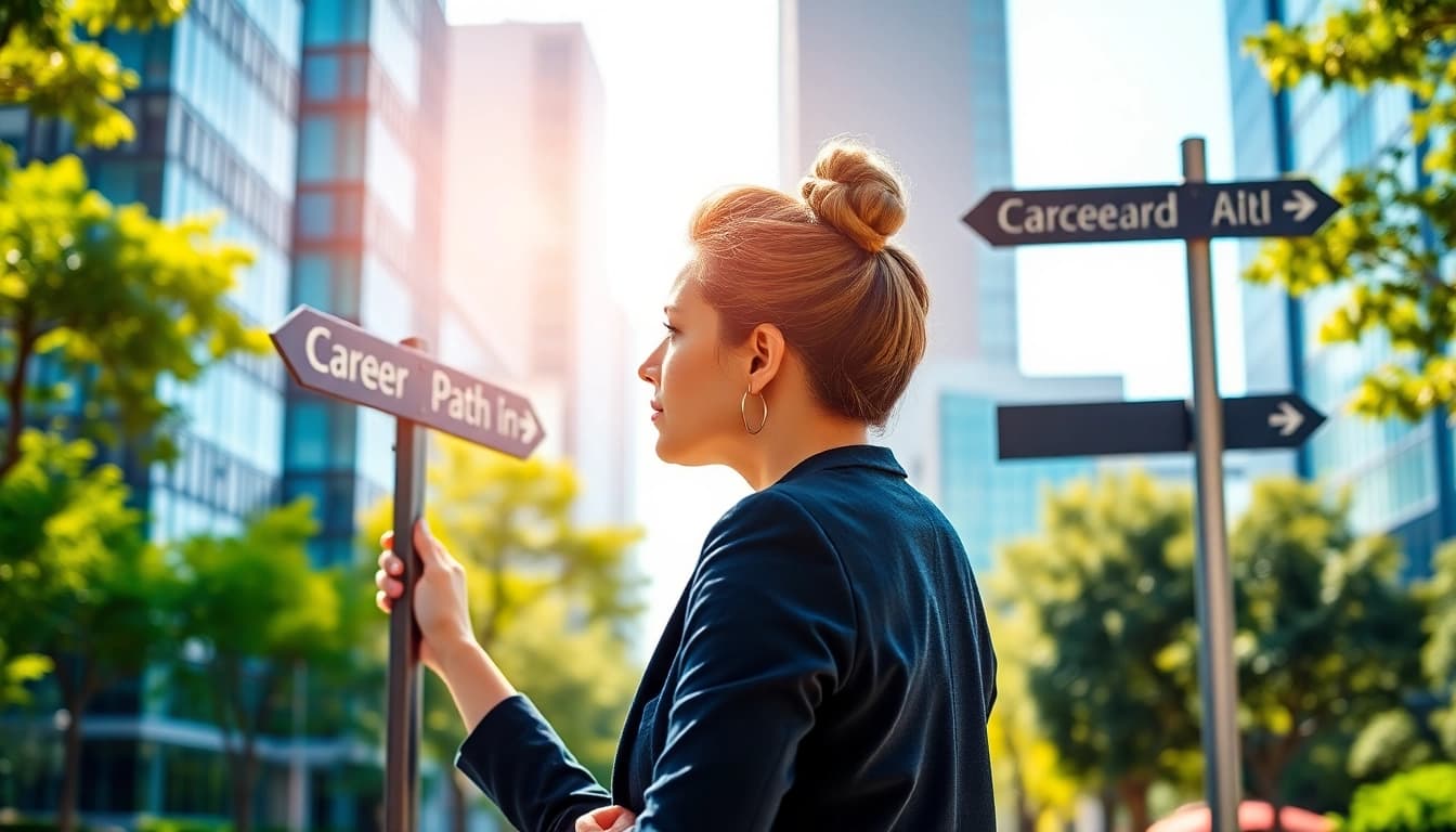 Explore pathways to your Ideal Career with a professional assessing options at a bright city signpost.