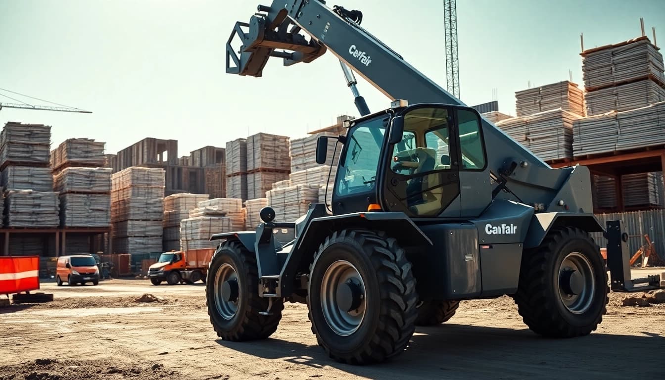 A telehandler efficiently lifting materials on a busy construction site.