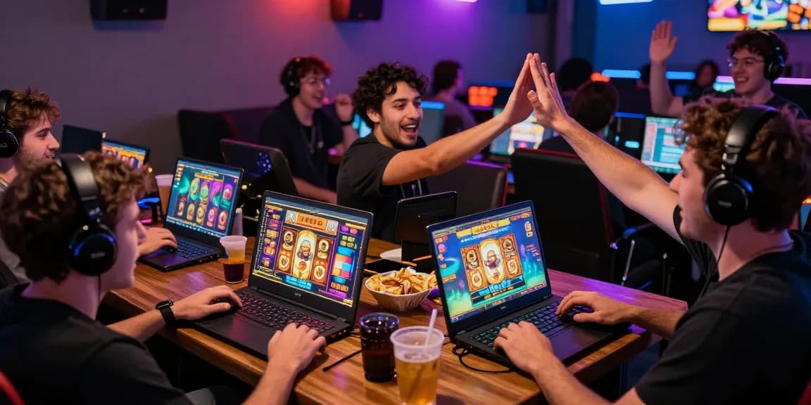 Exciting players enjoying slot zeus games in an energetic online gaming lounge.