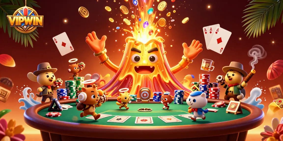 Experience the thrill of VIPWIN as golden treasures erupt from a volcanic scene filled with poker excitement.