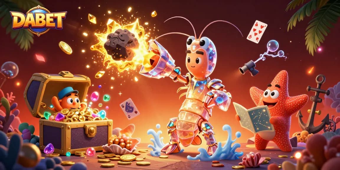 DABET spins into action, with a galactic mantis shrimp amidst coins and gems, revealing Casino excitement!