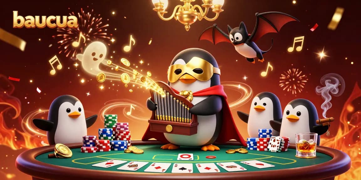 Experience the thrill of baucua with a whimsical scene featuring a penguin playing for gold!