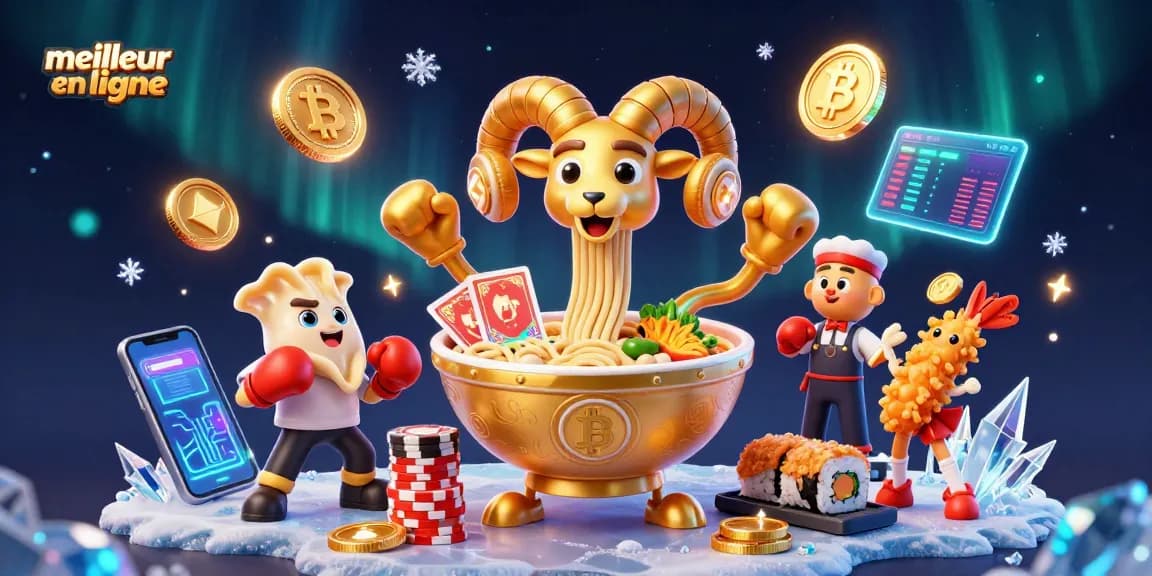 Bettez aux jeux avec le meilleur casino en ligne, illustré par des personnages culinaires dynamiques et des éléments de crypto-monnaie.