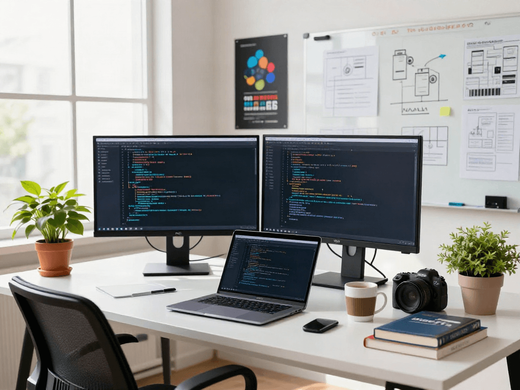 Experience with gb whatsapp apk in an inspiring app development workspace filled with coding tools and creative elements.