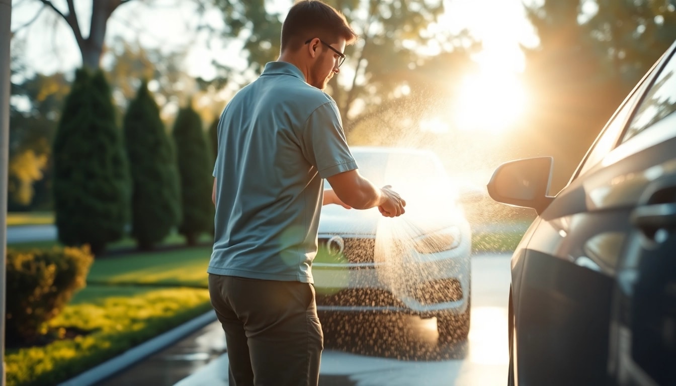 Applying safe car washing techniques while rinsing a vehicle in a sunny driveway.