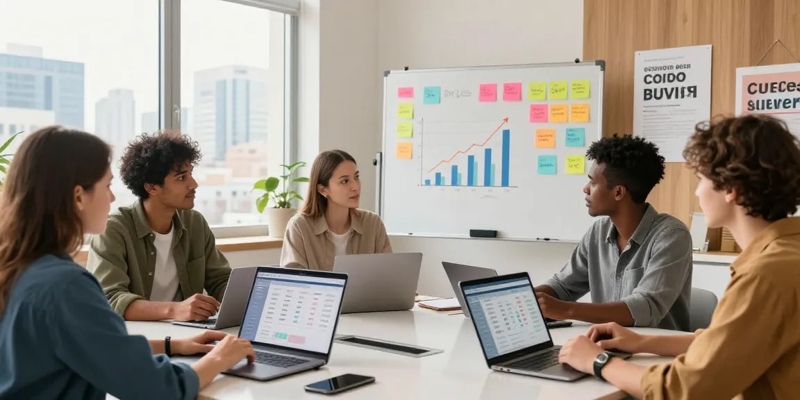 Buy iOS installs strategy session with digital marketing team analyzing app growth data and promoting user engagement.