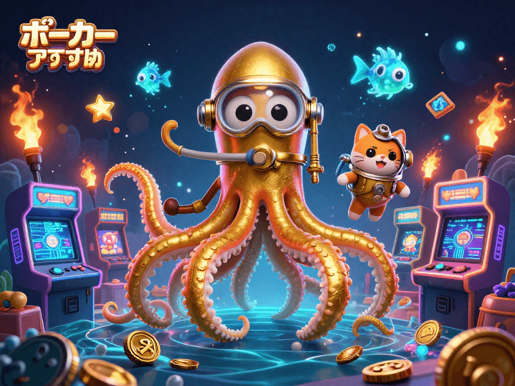ポーカーアプリおすすめのゲームで楽しむプレイヤーが、カラフルなマシンに囲まれた冒険的なシーン。