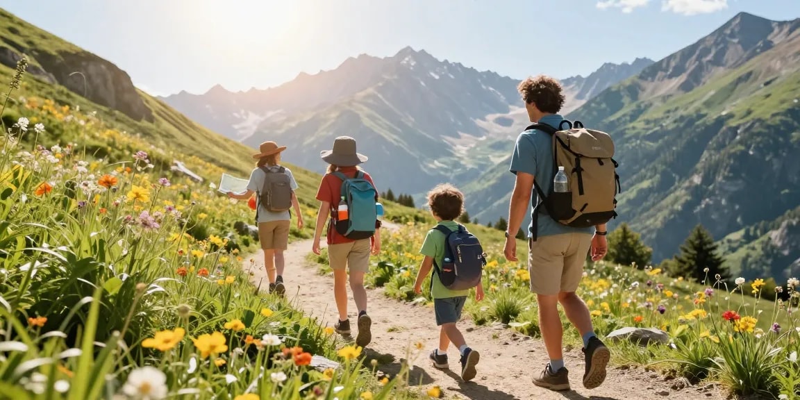 Family adventure hiking with mantra88 in a scenic mountain landscape, showcasing togetherness and exploration.
