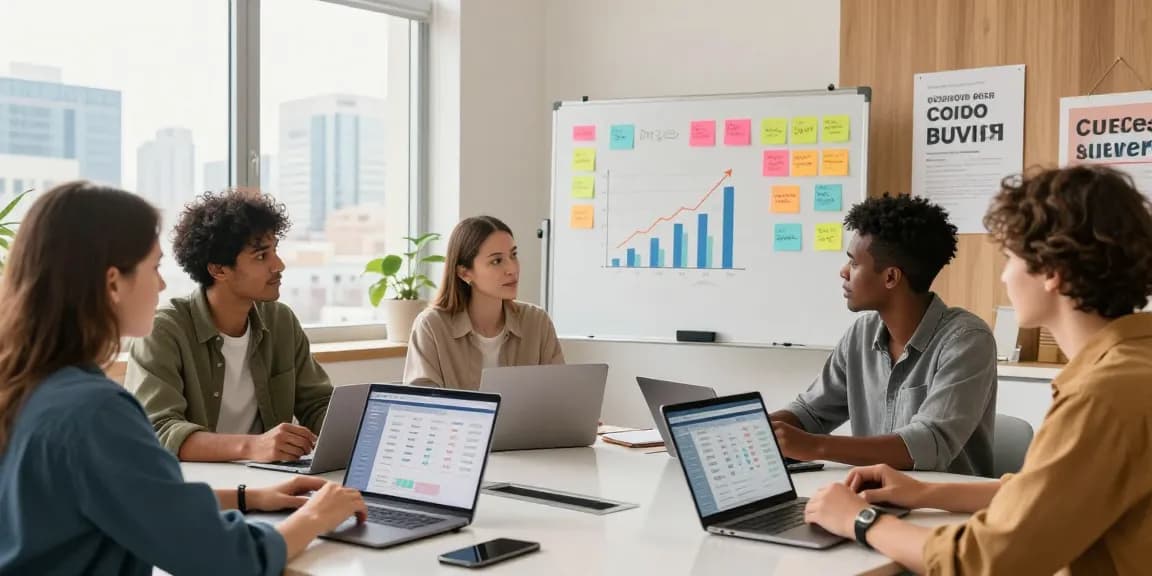 Buy iOS installs strategy session with digital marketing team analyzing app growth data and promoting user engagement.
