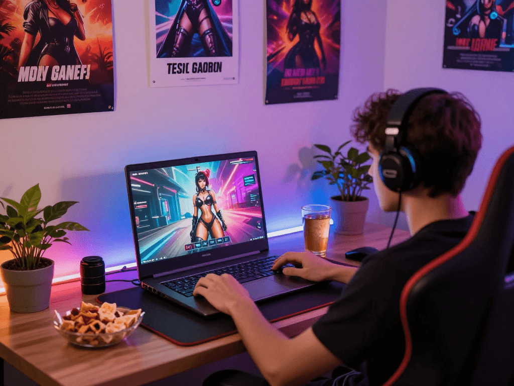 Engaged player enjoying a real sex game on a modern gaming laptop.