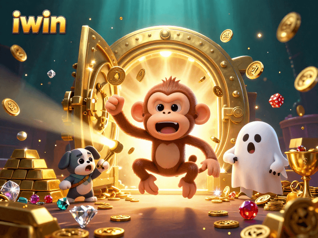 The mischievous iwin poltergeist monkey juggles coins and chips in a haunted casino scene.