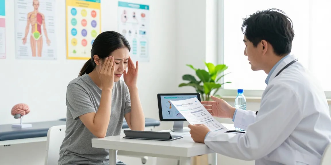 Patient consulting a doctor to find relief from migraines in a bright, welcoming clinic.