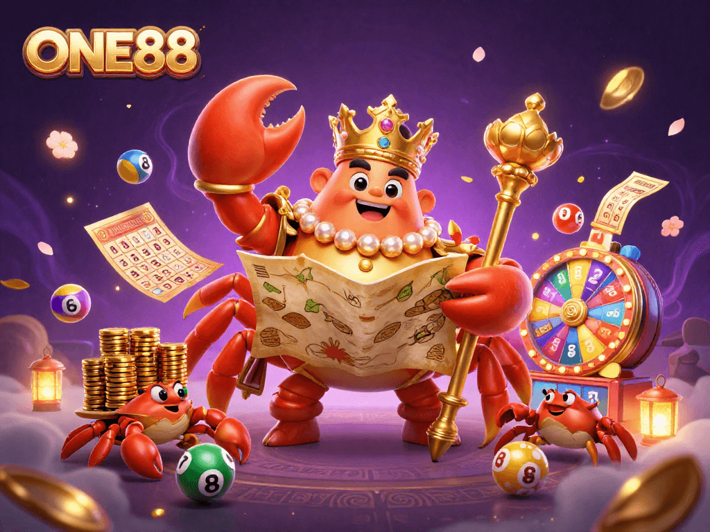 Engage in thrilling games at ONE88, featuring a lively golden crab emperor amidst dynamic casino elements.