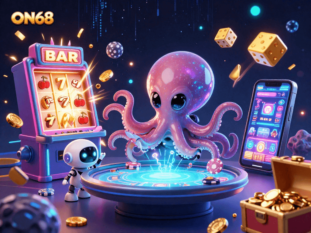Experience the vibrant gaming universe of ON68 with a 3D illustration showcasing an alien octopus and jackpot casino excitement.