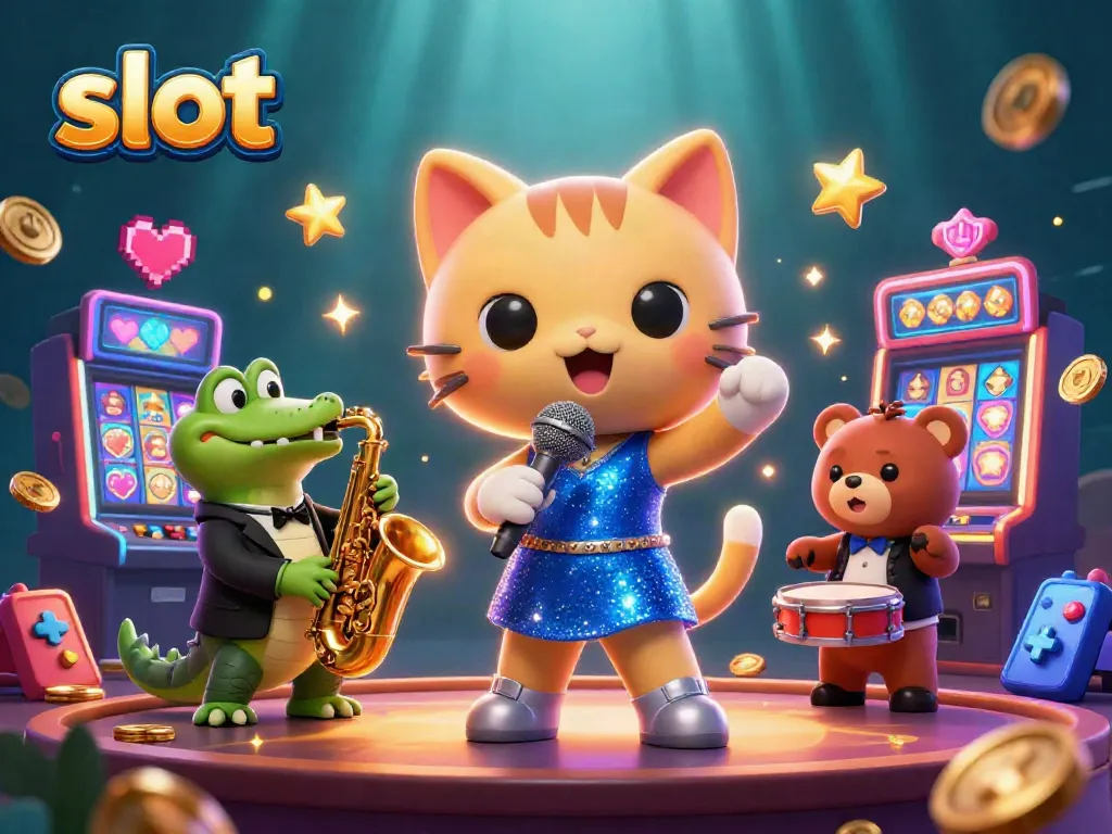 Experience exciting slot action in a vibrant cartoon casino scene with jazz and gaming elements.