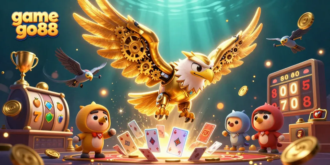 Join the exhilarating action of game go88 with a cybernetic eagle amidst slot reels and golden trophies.