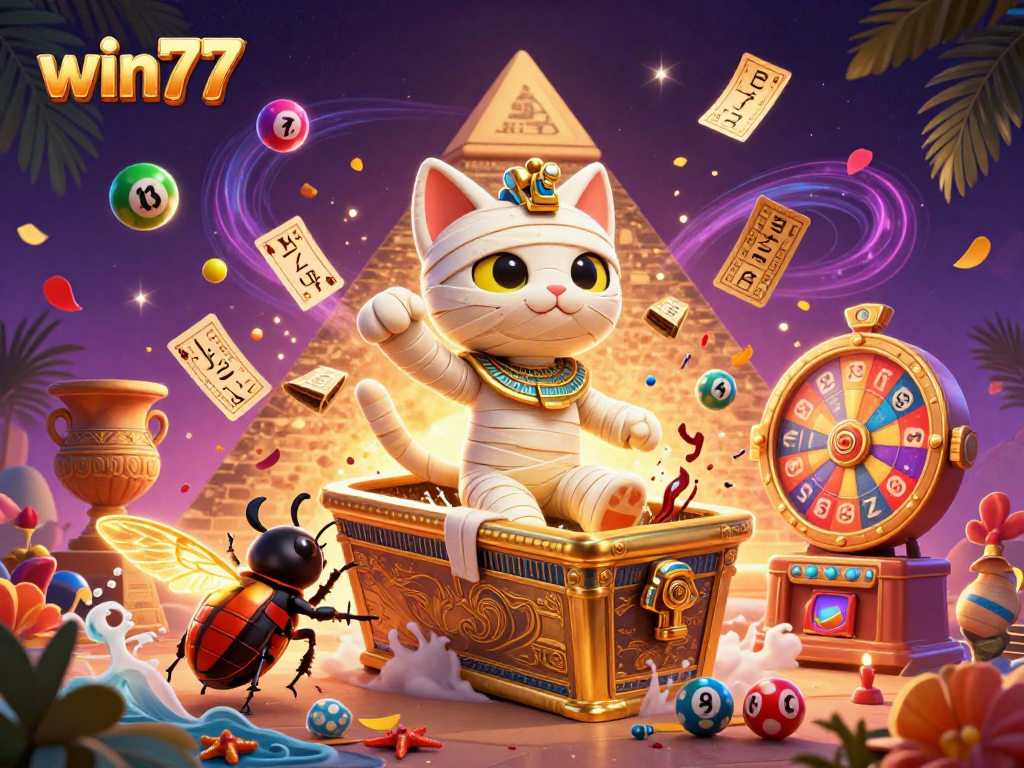 Memenangkan hadiah seru dalam permainan win77 sambil dikelilingi bola lotere dan pernak-pernik kasino.