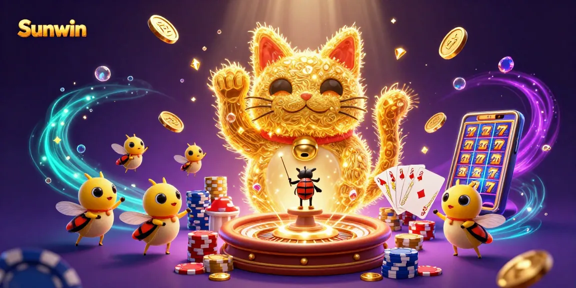 Sunwin showcases an engaging scene with colorful gaming elements around a lucky cat and fireflies.
