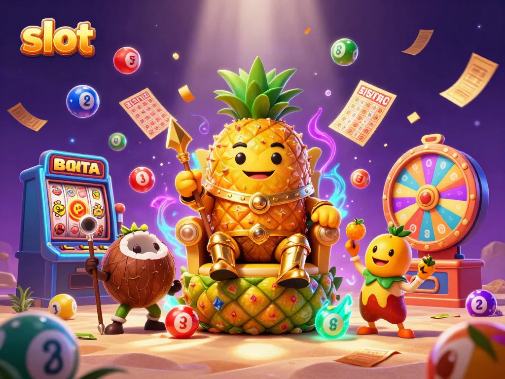Menggandakan slot yang berkilau dengan raja nanas emas dan elemen permainan kasino yang menarik di pantai