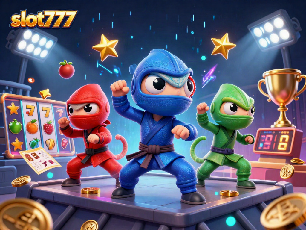 Experience the thrill of slot777 with a vibrant scene featuring dynamic characters and exciting gambling elements.