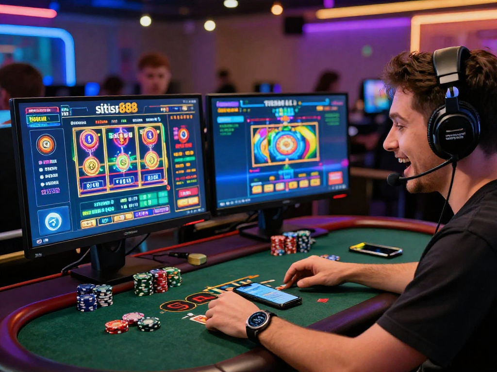 Engaging gamer at situs888 live casino with vibrant gaming interface and enthusiastic atmosphere.