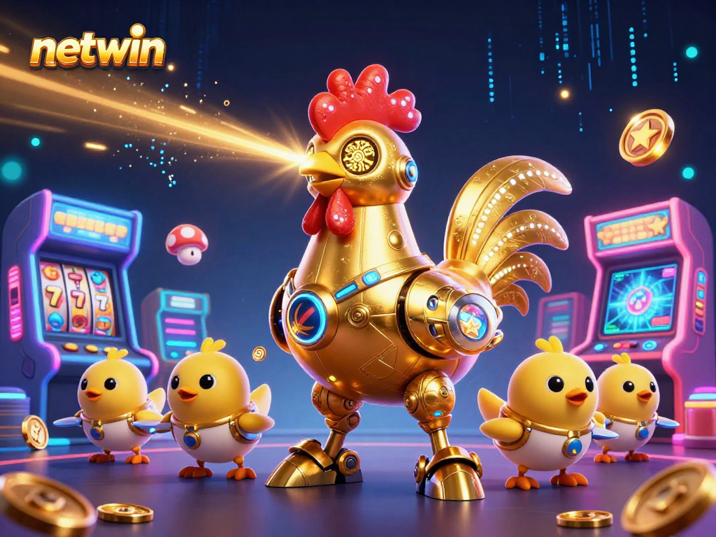 Experience the excitement of netwin with a vibrant casino-themed illustration featuring a golden rooster and arcade elements.