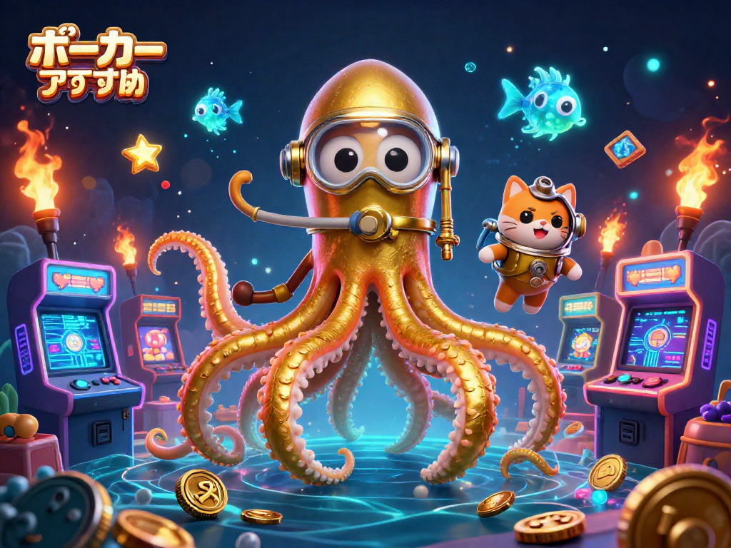 ポーカーアプリおすすめのゲームで楽しむプレイヤーが、カラフルなマシンに囲まれた冒険的なシーン。