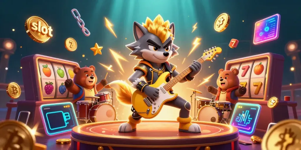 Memutar slot dengan karakter wolf rock star dan drummer beruang yang energik, menggambarkan pengalaman kasino.