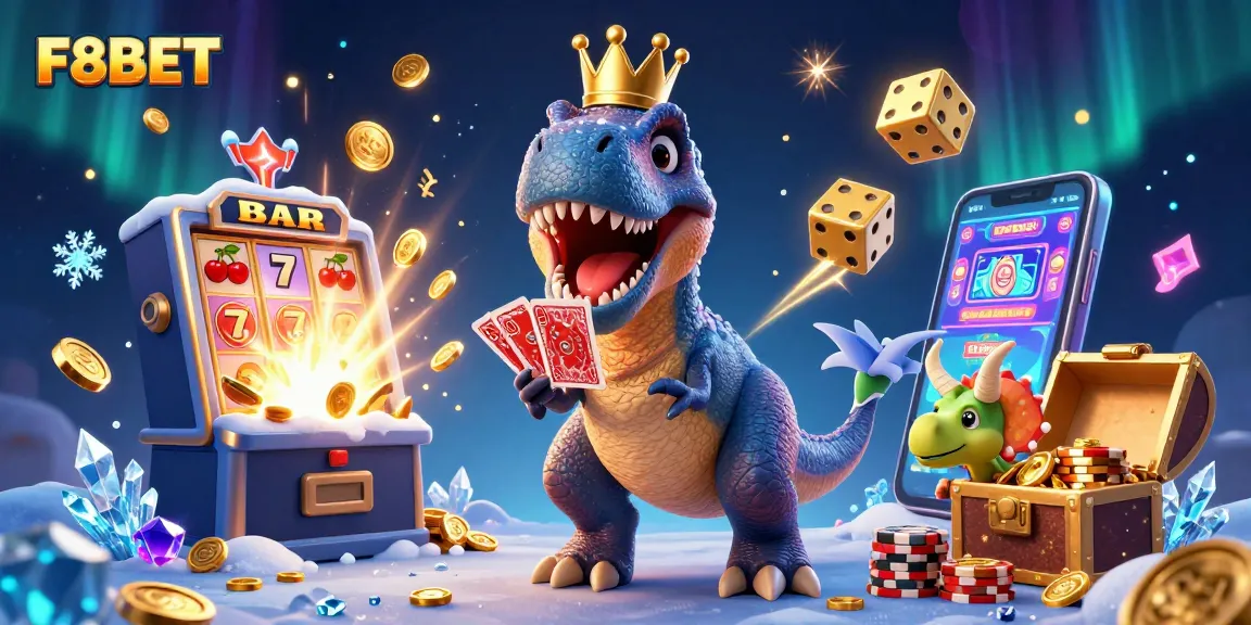 Experience thrilling gaming at F8BET with a friendly T-Rex shuffling cards amid a jackpot explosion.