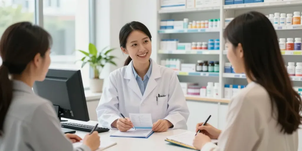 Buy Retatutide Canada in a pharmacy consultation, pharmacist assisting a customer with product information.