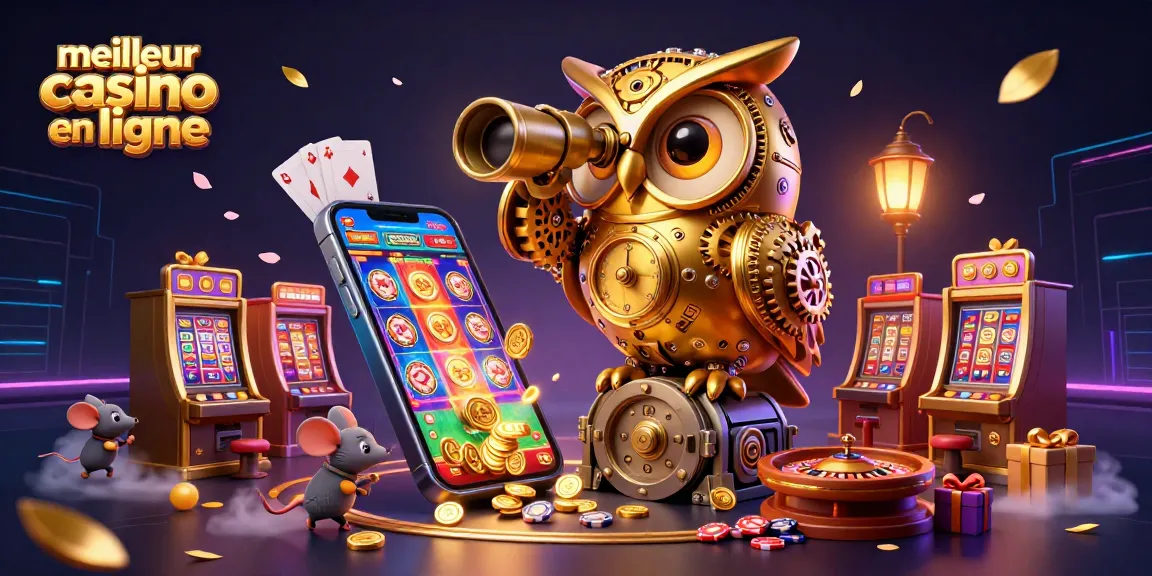 Découvrez le meilleur casino en ligne avec cette illustration d'un hibou doré et des machines à sous animées.