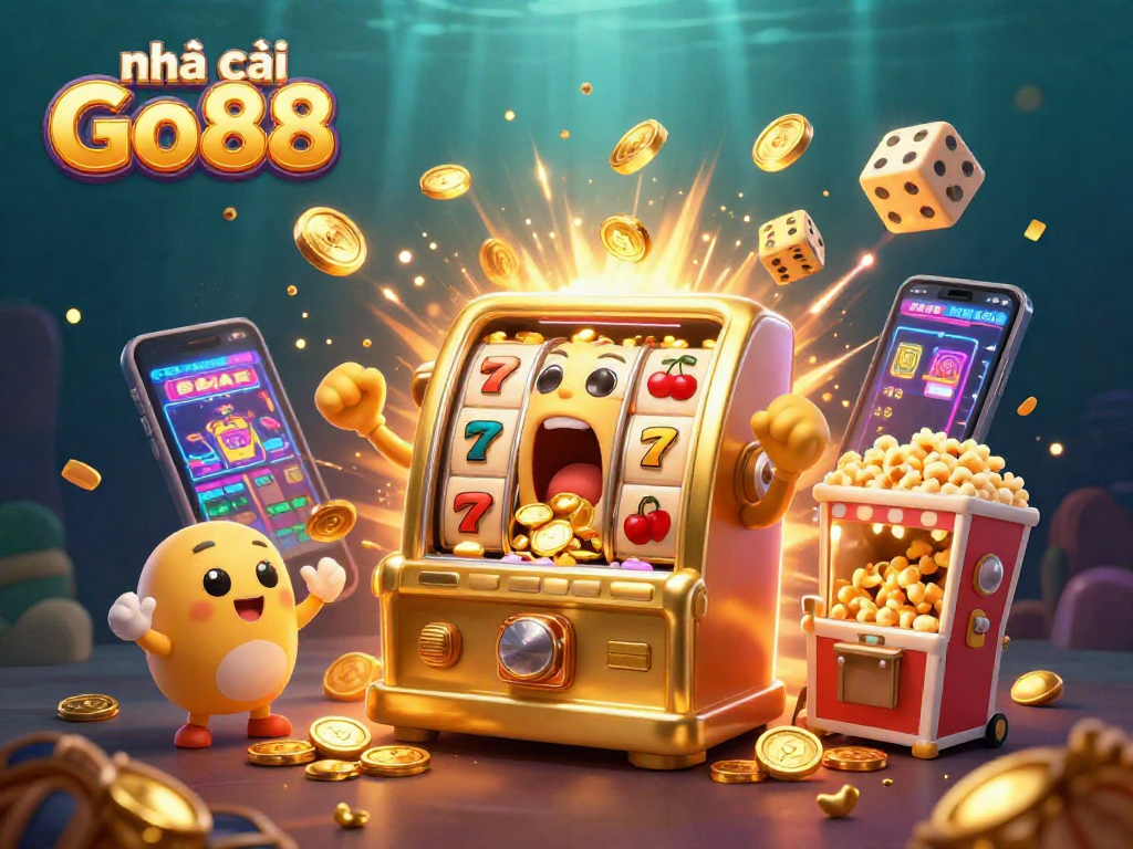 nhà cái Go88 displays a lively 3D jackpot scene with cartoon slot machines celebrating wins.