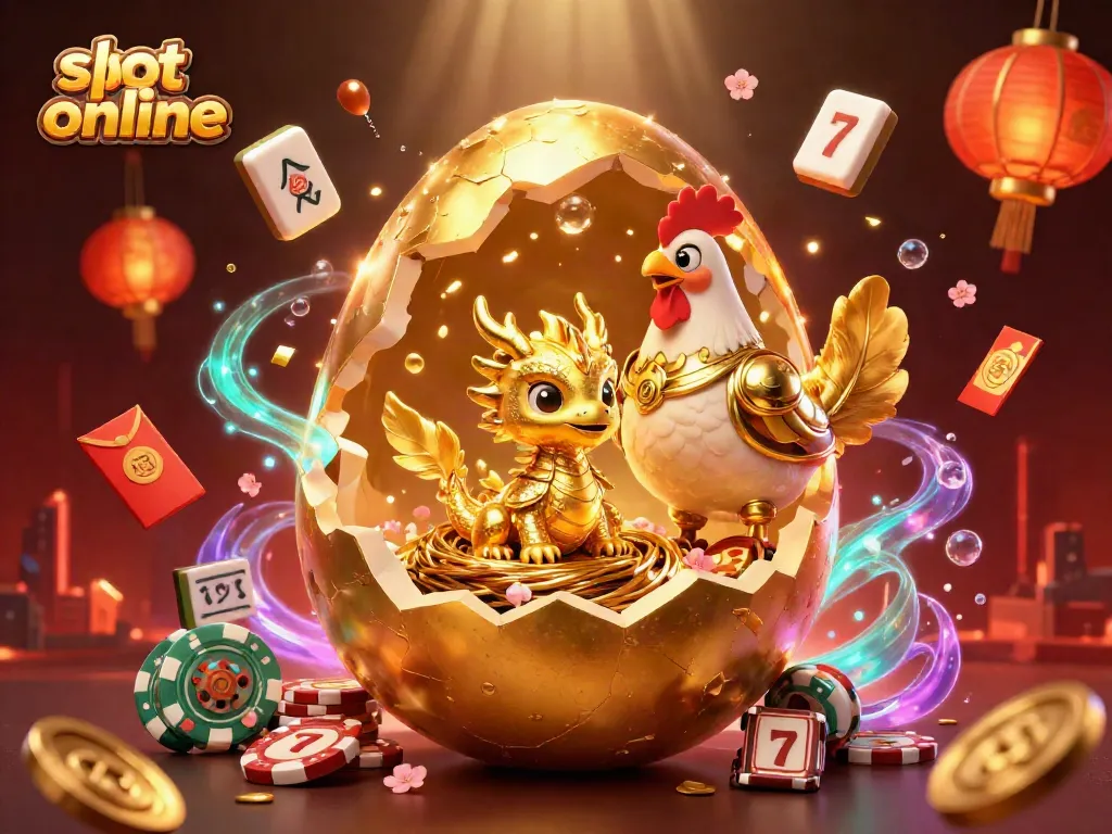 Engage with slot online games featuring a baby dragon and golden poker chips amidst vibrant gambling elements.