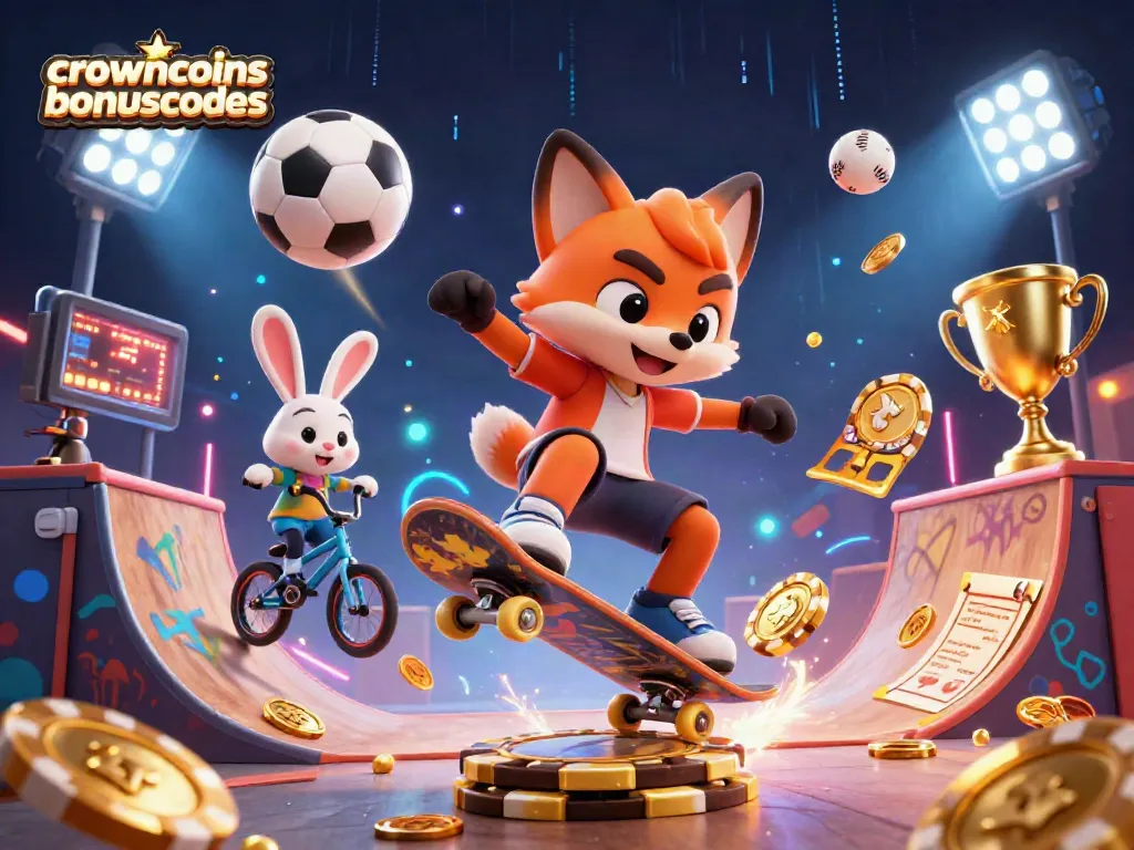 Crowncoinsbonuscodes showcases a vibrant scene with a skateboarder fox and BMX rabbit, representing casino excitement