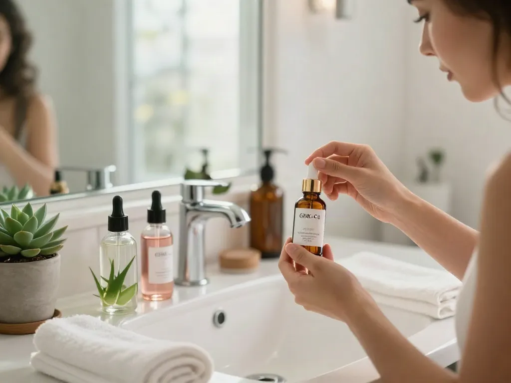 Applying GHK-Cu peptide serum in a serene skincare routine.