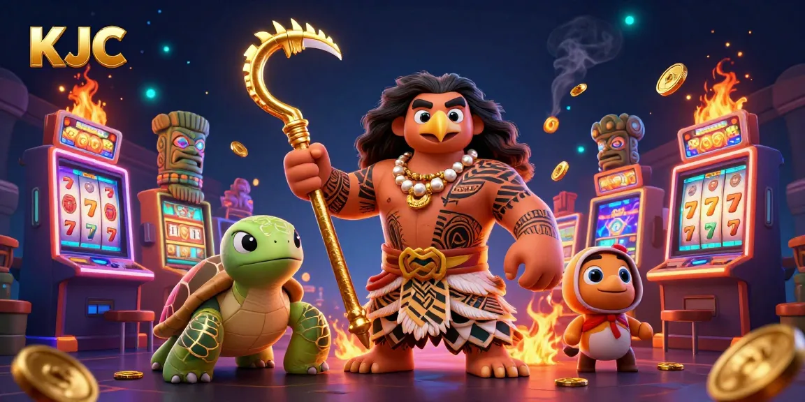 KJC offers thrilling slot game experiences with a colorful, vibrant illustration featuring a demigod and playful characters.