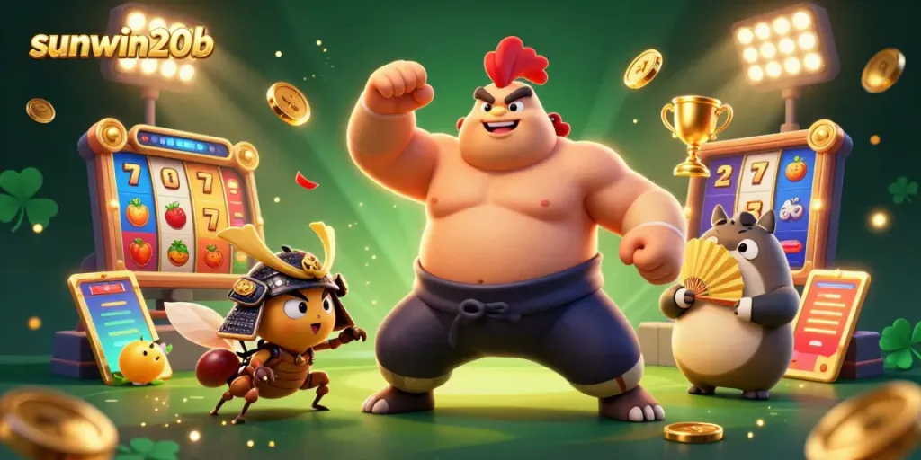 Engaging scene with sunwin20b characters creating excitement around slot game symbols and sports elements for online casino.