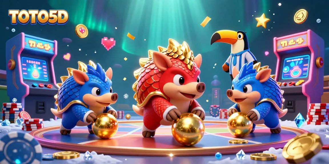 Engage in the TOTO5D lottery excitement with cartoon pangolins amidst casino-themed elements.